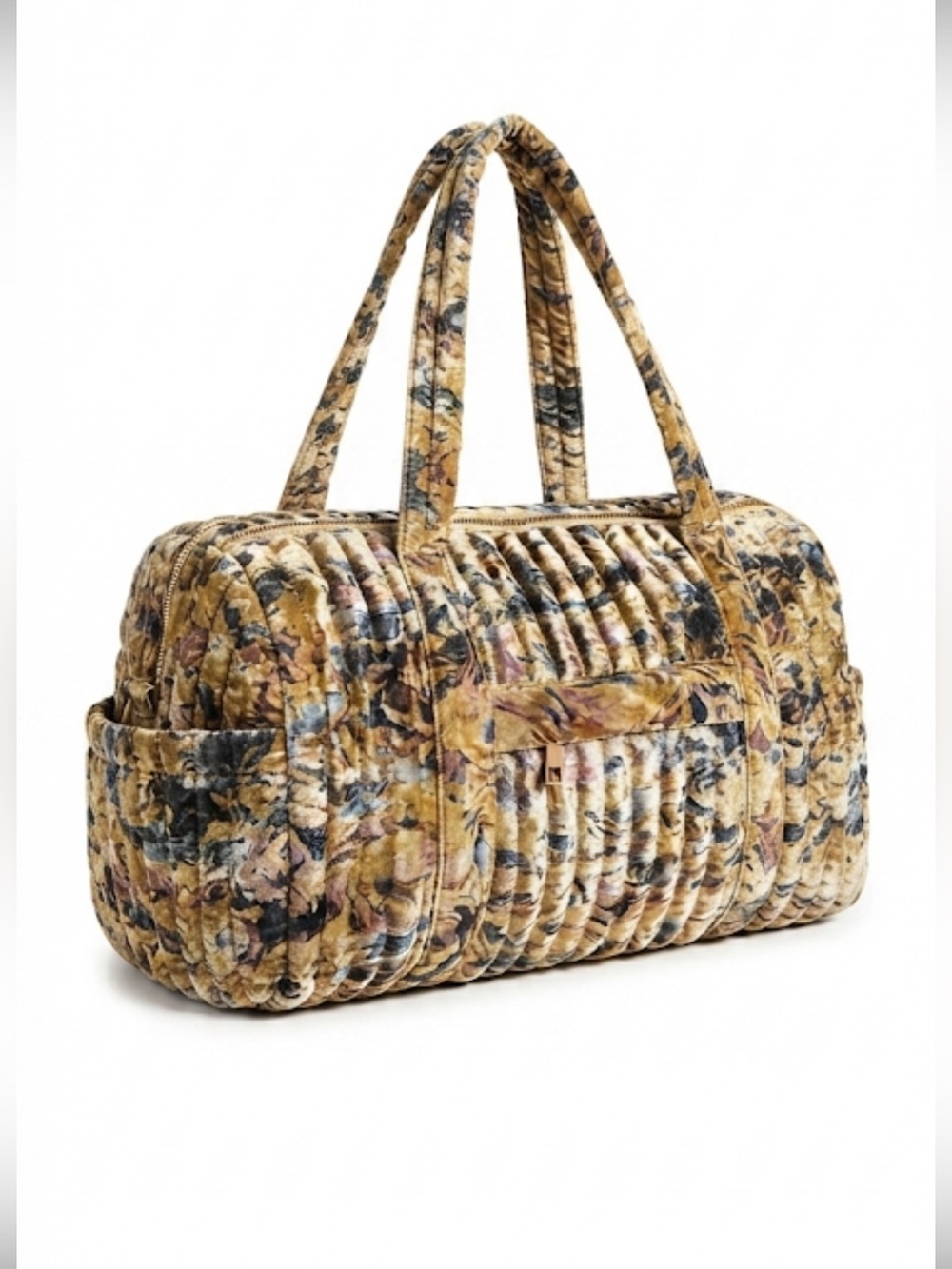 Anthropologie Gold Quilted Velvet Floral Weekender Overnight Travel Bag NWOT